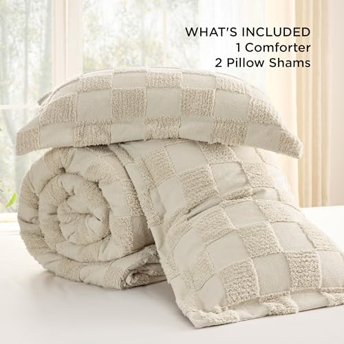 Image of Bedsure King Size Comforter Set Emerald, Boho Tufted Bed Set, Checkered Farmhouse-Style Distressed Vintage Bedding, 3 Pieces, 1 Plaid Geometric Comforter and 2 Pillow Shams