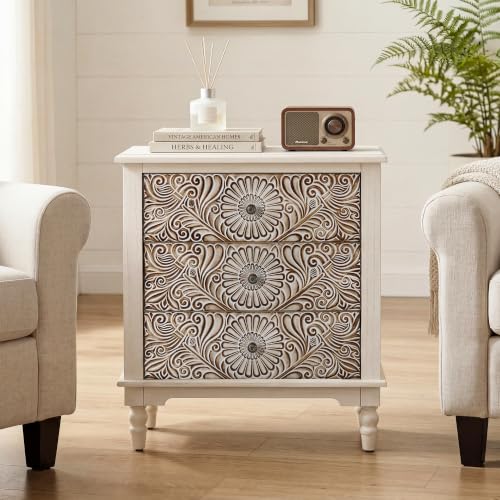 Image of HOMPUS Nightstands Set of 2, White Nightstand with 3 Storage Drawers, Night Stand w Flower Pattern, Bedside Table Set of 2, Accent Table for Bedroom, Apartment, Light Grey Grain