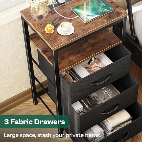 Image of Huuger Nightstands Set of 2, Nightstand with Charging Station,Bedside Table | 27.6 Inch Side Table Night Stand with Outlets, End Table with Fabric Drawers, Night Stand for Bedroom, Rustic Brown and Black