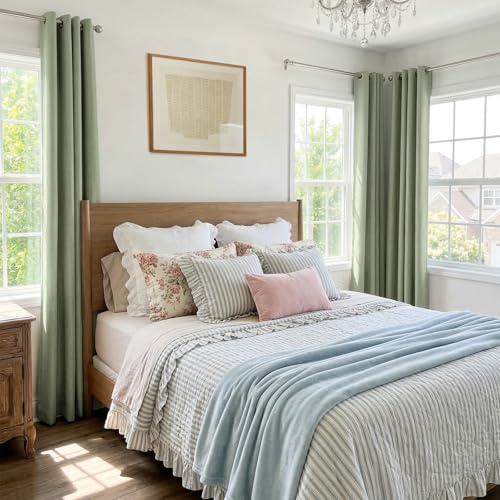 Image of 100% Blackout Shield Linen Textured Total Blackout Curtains for Bedroom 84 Inches Long, Sage Green Grommet Curtains for Living Room, Thermal Insulated Room Darkening Drapes, 50 inch W x 84 inch L, 2 Panels