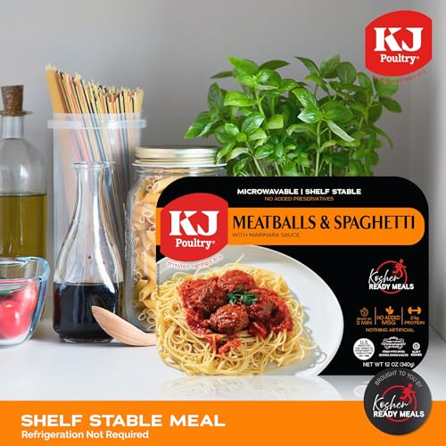 KJ Poultry Kosher Ready Meals - Spaghetti & Meatballs, MRE Meals Ready to Eat (6 Pack) Prepared Entree Fully Cooked, Shelf Stable Microwave Dinner Travel, Military, Camping, Emergency Survival