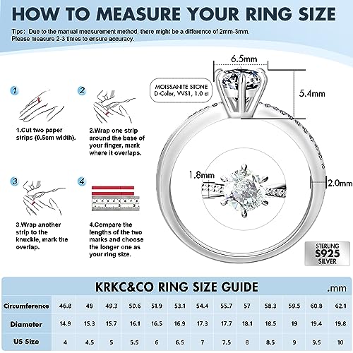 KRKC&CO Moissanite Rings for Women, 0.5-2.0 CT Engagement Rings, D Color VVS1 Clarity, White Gold Plated S925 Sterling Silver, Promise2