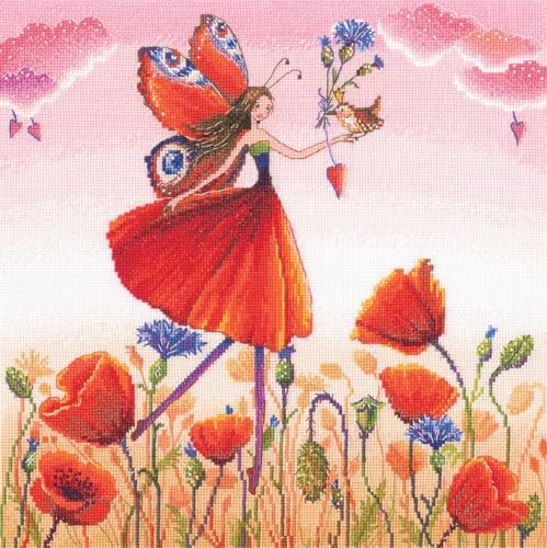 Wizardi Counted Cross Stitch Kit Poppy Color M1002 – Vibrant Poppy Field with Flying Fairy, 16ct White Zweigart Aida DMC 39 Colors Floss, Needle, Chart, 11.42x11.42 Large Square Kit for Adult RTO