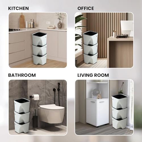 Image of 10L Dustbin with Lid | White | Pack of 3 | Multipurpose Garbage Bin for Kitchen, Home & Office | Wet & Dry Waste Basket for Food Waste, Recycling & Indoor Outdoor Use