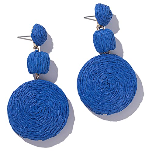 Statement Raffia Earrings Boho Round Dangle Ball Earrings Cute Handmade Summer Earrings Bohemian Dangling Jewelry for Women(Royal Blue)