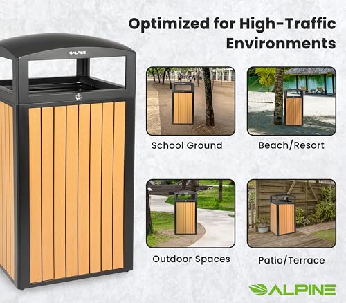 Image of Alpine 40 Gallon Commercial Outdoor Trash Can with Lid - Modern Heavy Duty Large Outdoor Garbage Can with Durable Plastic Bin, Slatted Recycled Plastic Panels for Parks, Trails & Resorts (CD)