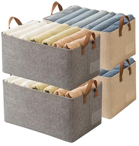 Image of AARAINBOW 4 Pcs Closet Clothes Organizer with Handle, Closet Shelf Fabric Storage Box Steel Frame, Stackable Shelf Storage Baskets Foldable Wardrobe Storage Box for Clothes Toys, 23L (2 Gray 2 Beige)
