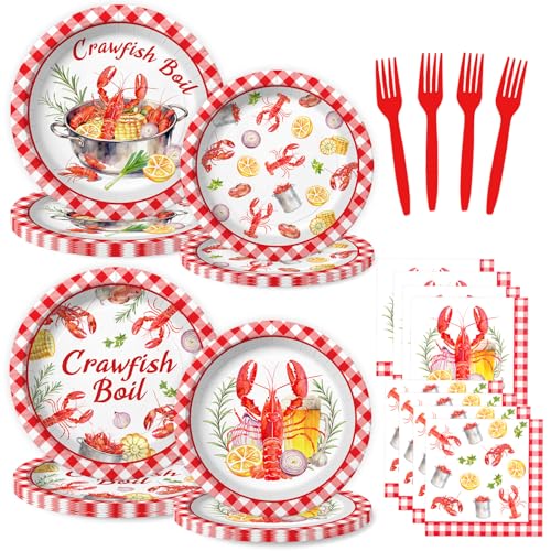 Kinovo 96 Pcs Crawfish Boil Plates and Napkins Tableware Set (Serve 24) Crawfish Birthday Party Decorations Party Supplies Include Plates Napkins Plastic Forks for Party