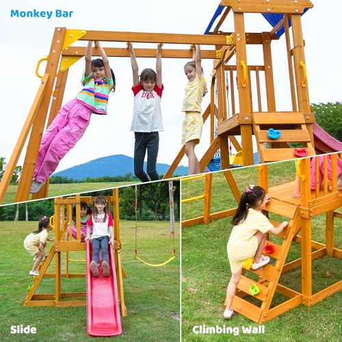 Suniboxi Swing-Sets with Monkey Bars for Backyard, Wooden Playground Set for Kids Ages 3-6, Outdoor Playset with Wave Slide, Play Deck, Rock Wall Ladder, Belt Swings & Canopy for Toddlers to Big Kids - Thumbnail 2