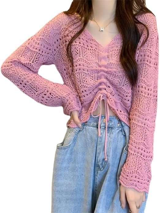 MYSTIFYWomen®Women Knitted Tops, V Neck Long Sleeve Knitted Sweater Casual Drawstring Hollow Out Breathable for Work for Shopping for Female
