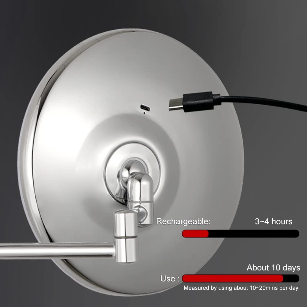 Espejo de baño montado en la Pared de 8 ", Espejo de Aumento de Dos Caras 1X / 3X, Brazo Largo Extensible, Espejo de Ducha Giratorio de 360 ​​​​° for afeitarse, maquillarse