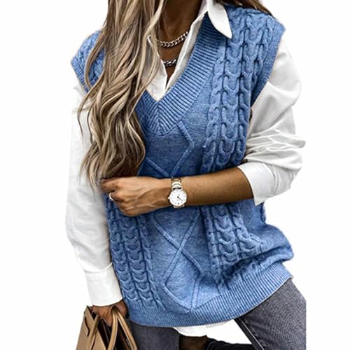 Image of Women's Sweater Vest,Long Cable Loose Knitted Sleeveless V Neck Casual Sweaters Tank Top S~XL