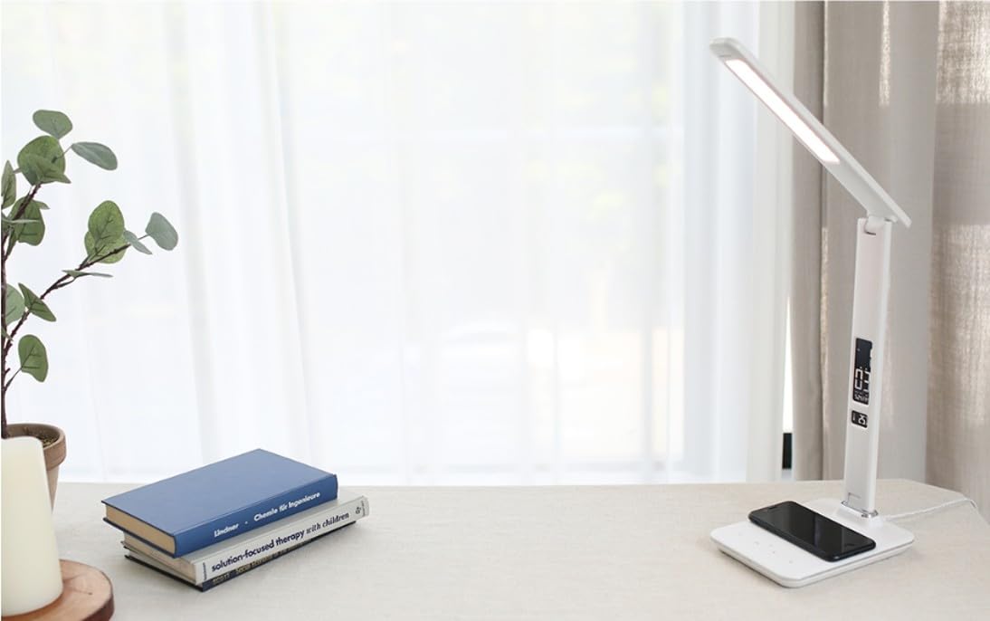 IMMAX KINGFISHER Qi biała lampa stołowa LED z bezprzewodowym ładowaniem Qi i USB