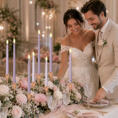 Image of Rossesay 24 Pcs Flameless LED Taper Candles Battery Operated Candles 8.5 inch, 9.65 inch, 10.8 inch, 12.8 inch Flameless Candlesticks Flickering for Christmas Church Wedding(Classic, Purple-B)