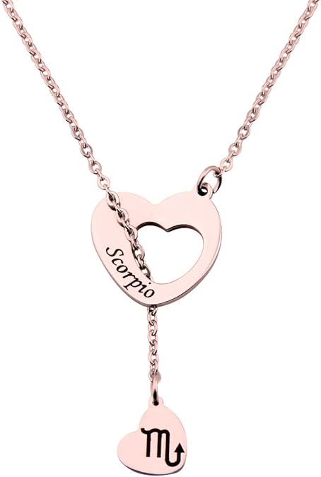 ENSIANTH Rose Gold Zodiac Signs Heart Necklace Stainless Steel Lariat Y Necklace Best Birthday Gift