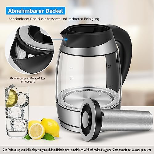 Bild 5 - FOR ME Glas Elektrischer Wasserkocher mit Teesieb 1,8L, Temperatureinstellung, Temperaturwahl 40°C bis 100°C, 7 Farben LED-Beleuchtung, Warmhaltefunktion, BPA Frei