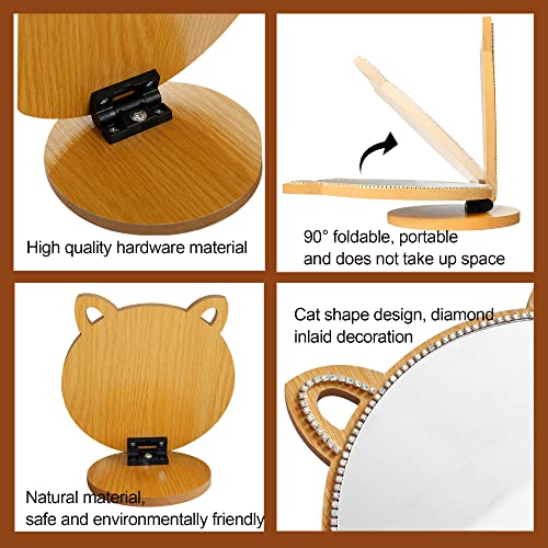 Espejo de maquillaje con base de madera y forma de gato miniatura 6