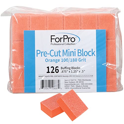 ForPro Pre-Cut Mini Buffing Block, Orange, 100/180 Grit, Double-Sided Manicure and Pedicure Nail Buffer, 1.25” L x .875” W x .5” H, 126-Count