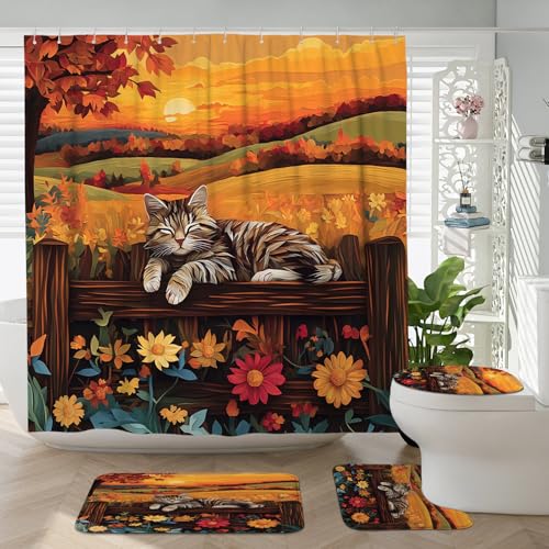4PCS Fall Cats Kitten Bathroom Accessory Sets with Non-Slip Rug, U Shape and Toilet Lid Cover Mat, Autumn Country Fence Bathroom Fabric Decor-72''x72''