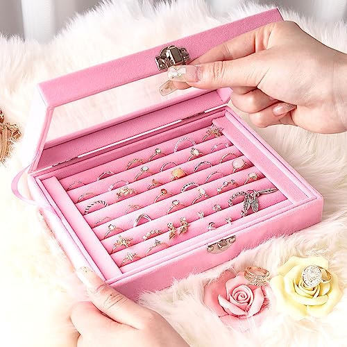 Jutieuo 7 Slots Ring Holder Storage Box Pink Velvet Ring Display Case Jewelry Earrings Necklace Organizer Tray With Top Glass Lid Store Showcase Gift For Women Girls #TOP4