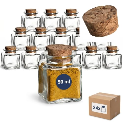 gouveo Lot de 24 pots à épices carrés 50 ml avec bouchons en liège – Petits pots en verre...