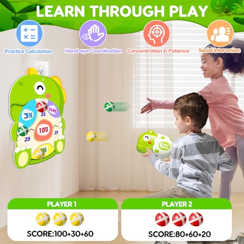 Dinosaur Shooting Games Kids Dart Board with 12 PCS Velcro Sticky Balls Dino Target Toy Guns for Boy & Girl 2-4-6-8 Interactive Indoor Outdoor Toys for 3 + Year Old Birthday Party Gift Ideas