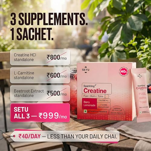 Image of Setu Sparkling Creatine HCL | Effervescent Powder | With L-Carnitine & Beetroot Extract | For Lean Muscles, Stamina & Recovery | Berry Lemonade Flavor | 25 Servings