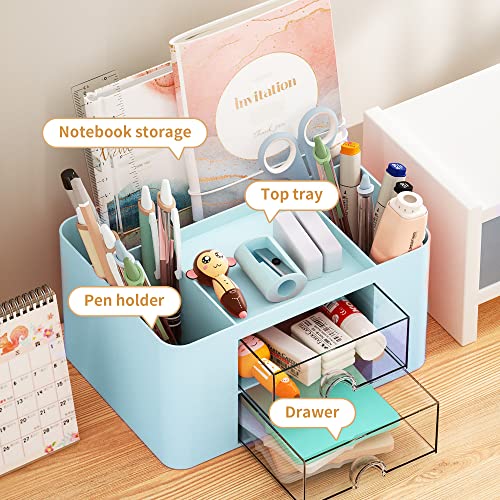 Image of Marbrasse Multi-Functional Desk Organizer with 5 Compartments + Drawer for Office Art Supplies (Blue)