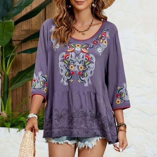 Women's Embroidered Tops 3/4 Sleeve Mexican Blouses Shirts Round Neck Dressy Tunics Peasant Tops Loose Fit2