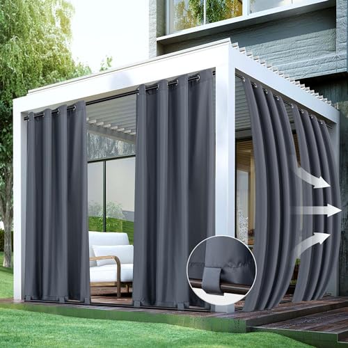 HolidayIdeas Patio Curtains Outdoor Waterproof-4 Panels 54x84 Inch-Windproof Weatherproof Privacy Grey Outside Curtains-Grommet Top and Tab Bottom Drape for Gazebo, Porch, Pergola, Cabana, Backyard