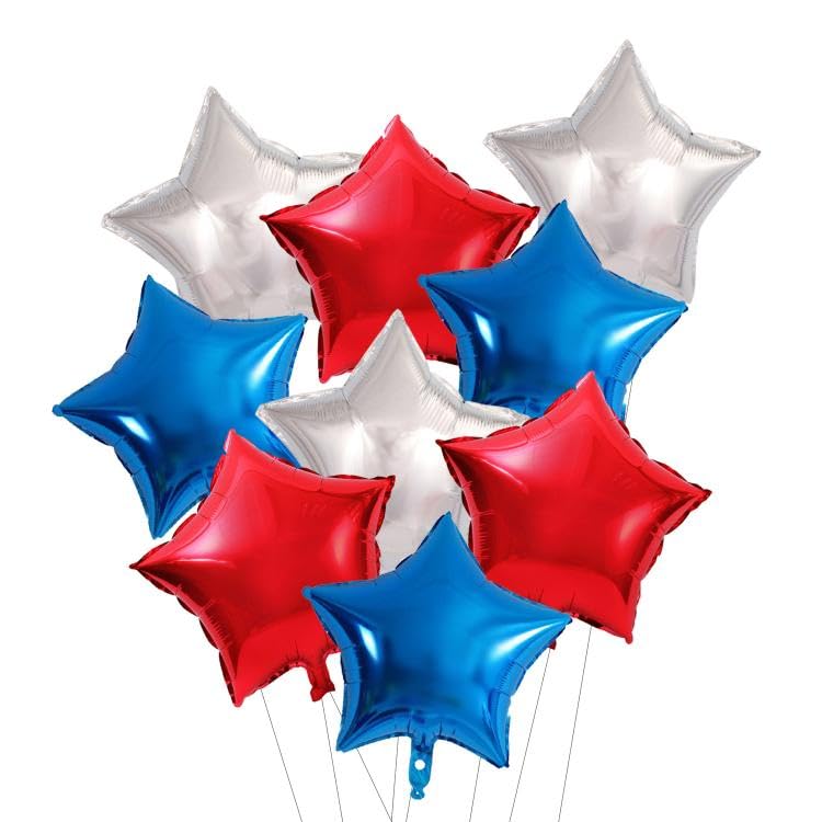 Red Blue Star Foil Balloons, 18 Inches Star Foil Balloons for Helium, 9 pcs Red Blue Silver Helium Birthday Balloons, Party Foil Balloon Set for Birthday Wedding Graduation Party Decorations