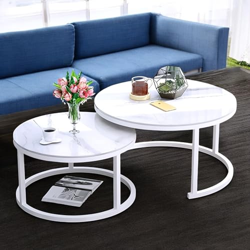 Image of Two-Piece Marble Look Coffee Table Set, top end Side Table, Metal Frame Cocktail Table, Nesting Tea Table, and Home Furniture Size for Living Rooms (White)