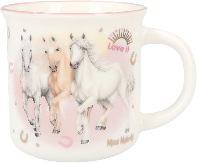 Depesche 12377 Miss Melody Sundown - filiżanka w wyglądzie emalii, z motywem konia, wzorem podkowy, złotymi akcentami i napisem, pojemność ok. 250 ml