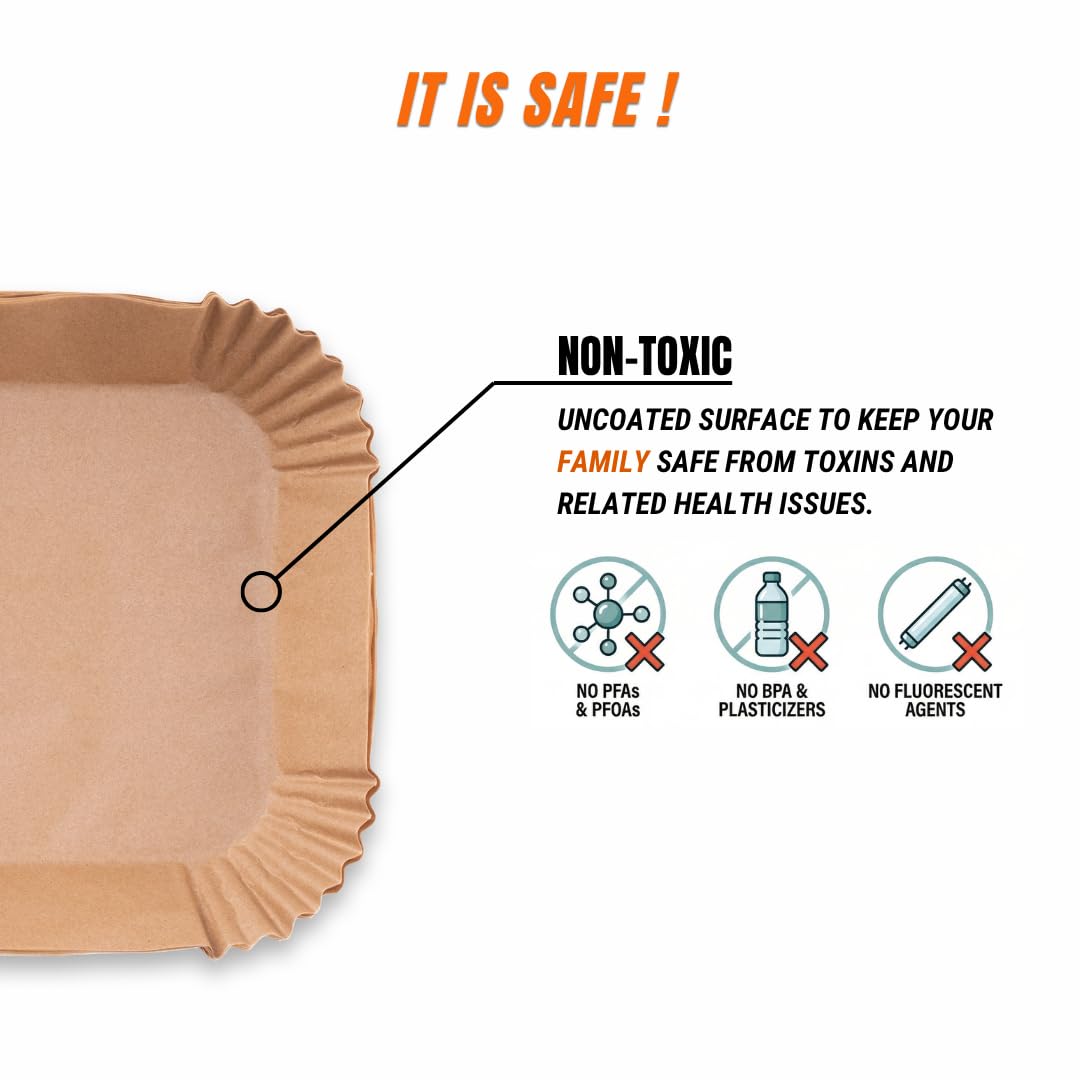 Healto+ 100 Air Fryer Paper Sheets, 8 Inch, SSA Approved - Non-Toxic & Uncoated, Fits 5-8QT, Brown — Amazon image 2