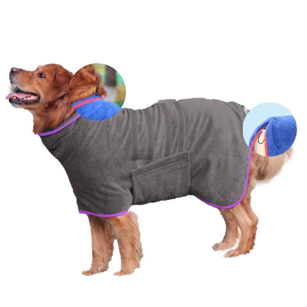 Hixingo Dog Towel absorbent robe, Thickened Microfiber Dog Drying Coat Pet Dog Cat Bath Robe Towel with Adjustable Magic Tape, Dog Bathrobe Towel for Small Medium Large Pet (Grey,3XL-75cm Back)
