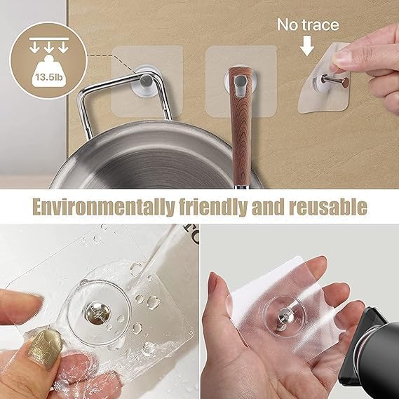 Image of KASHIVAL Self Adhesive Wall Hooks Pack of 20 Pieces 10 Flat + 10 Hanging | Stainless Steel Hooks Transparent PVC| No Drill Waterproof Hooks for Bathroom Kitchen (20 Flat Hook with Thread)