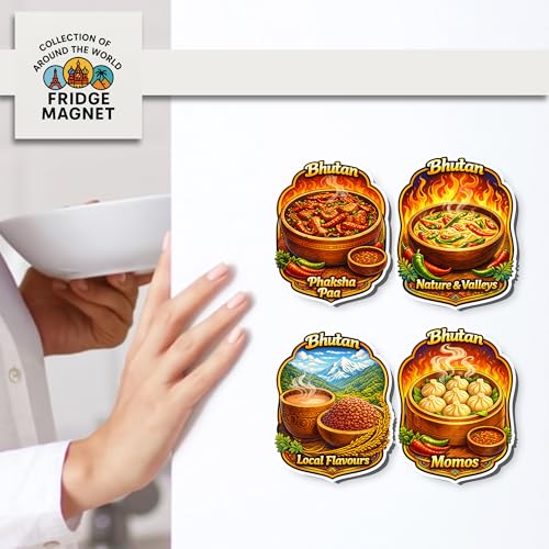 Image of Regalo Casila Bhutan Food Tourism Souvenir Fridge Magnets Set of 4 Phaksha Paa Momos Local Flavours Nature Valleys Decorative Refrigerator Magnets