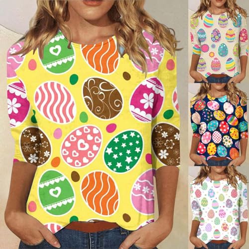 YuanJuli Cute Easter Tops for Women 3/4 Manga Engraçada Ovos Estampados Floral Cenoura Coração Feliz
