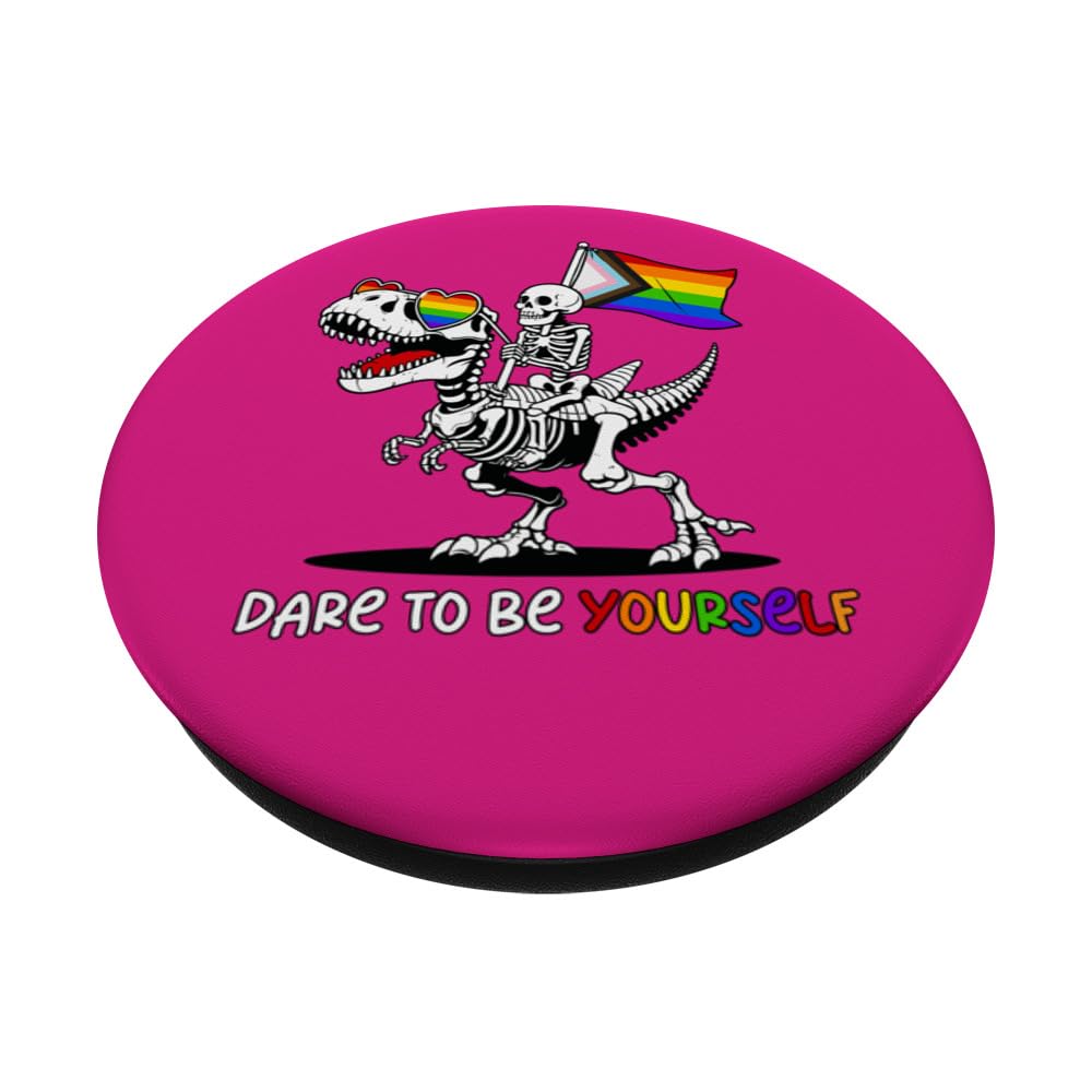 Dare To Be Yourself Pride Dinosaur T-Rex Rainbow Gay LGBTQ PopSockets Swappable PopGrip, Black - Image 2