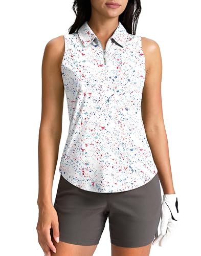 G Gradual Womens Golf Shirt Sleeveless Zip Up Polo Shirts for Women Collared Lightweight Tennis Athletic Tank Top White Splatter Medium