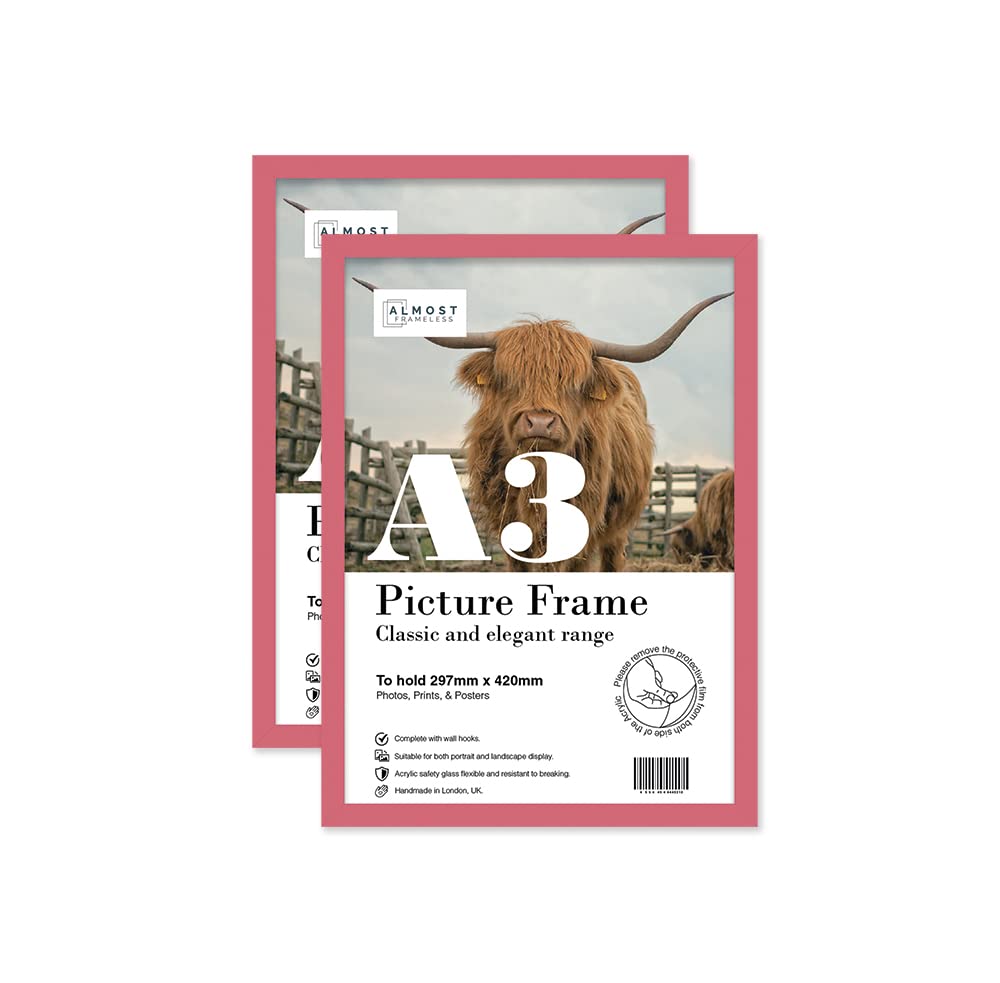 Almost Frameless A3 Pink Picture Frame Set of 2, Display A3 Picture Gallery Wall, Poster, Photo, Artwork, or Print, Pink