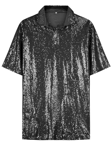 URRU Men's Relaxed Short Sleeve Turndown Sparkle Sequins Polo Shirts 70s Disco Nightclub Party Shirt Top3