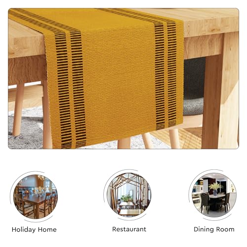 Image of Encasa XO Dining Table Runner for 4 to 6 Seater| Yarn Dyed Fine Ribbed Cotton | Size 32x304 cm | Ladder Yellow | Machine Washable