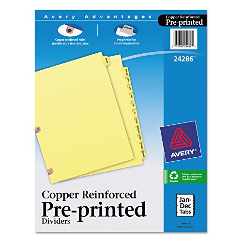 Avery 24286 Preprinted Laminated Tab Dividers w/Copper Reinforced Holes, 12-Tab, Letter