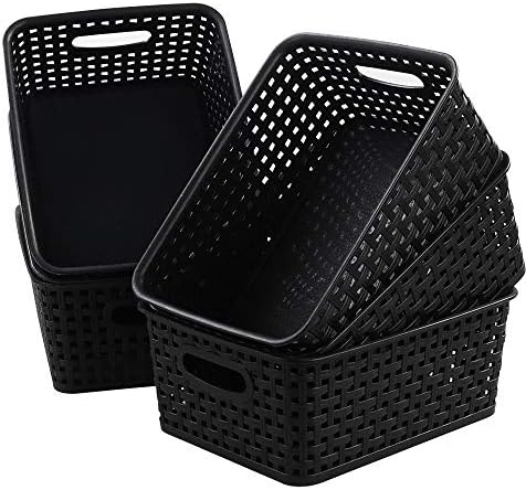 Leendines Plastic Baskets for Storage, 6 Packs Small Woven Basket, Black