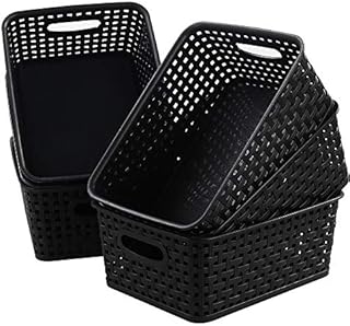 Leendines Plastic Baskets for Storage, 6 Packs Small Woven Basket, Black