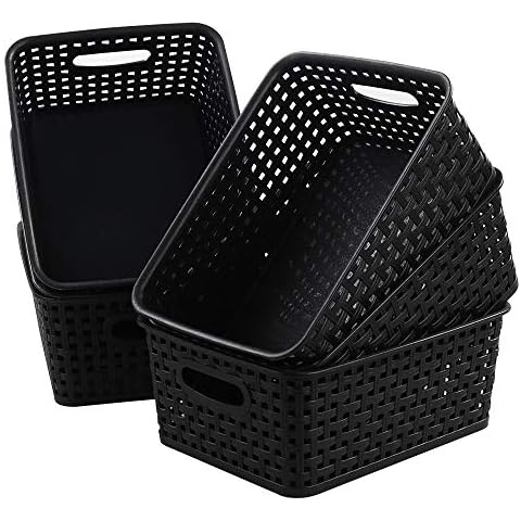 Leendines Plastic Baskets for Storage, 6 Packs Small Woven Basket, Black Cover