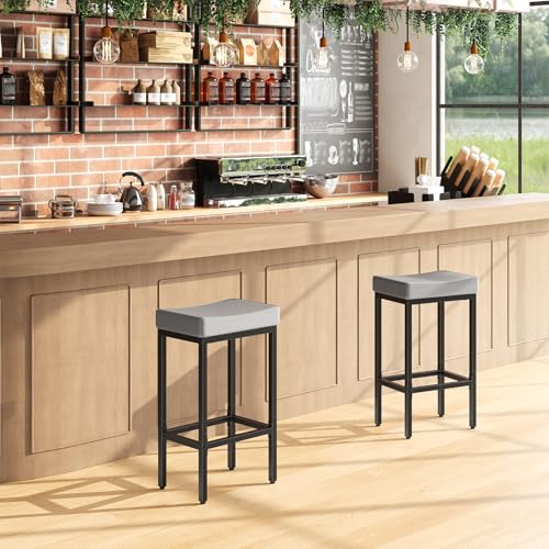 Image of HOOBRO Bar Stools Set of 2, 24.8 Inches Bar Chairs, Counter Height Stools, Saddle Barstools with Curved Surface, 2.4 inch Thick Upholstery, for Kitchen, Dining Room, Gray and Black BG10BY01