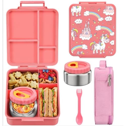 MAISON HUIS Bento Lunch Box for Kids With 8oz Soup Thermo, Leakproof Lunch Compartment Containers with 4 Compartment Bento Box, Thermo Food Jar and Lunch Bag, BPA Free,Travel, School