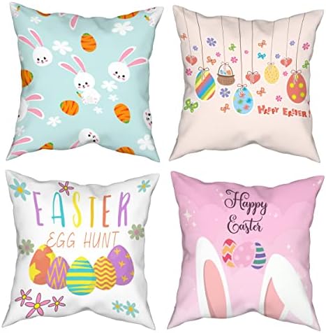 Jbralid Easter Throw Pillow Covers Cartoon Easter Bunny Eggs Decorative Pillowcase Cotton Pillow Cushion Case for Living Room Sofa Couch 18x18 Inch Set of 4, White Blue Pink